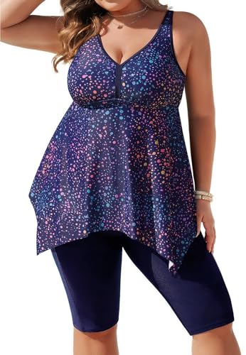Image of Hanna Nikole 2 Piece Tankini Sets for Women,Plus Size Tummy Control Swimsuits with Pockets,Irregular Hem Swimming Costume Women,Push-Up Modest Bathing Suit with Boyshorts Colorful & Blue 26