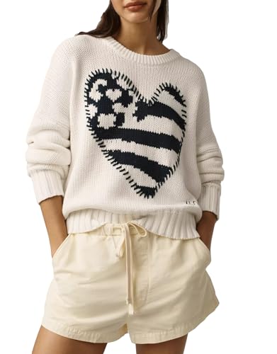 Women's Heart Pullover Sweater Oversized Long Sleeve Crew Neck Knit Jumper Casual Loose Fit Knitted Top