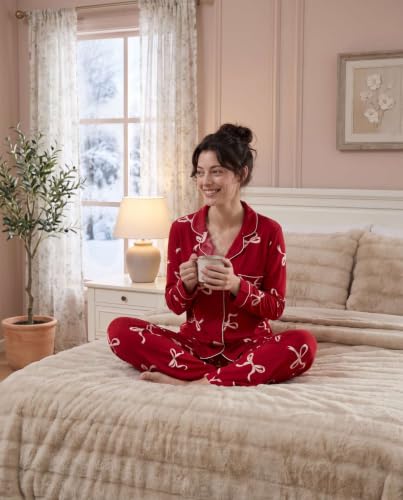 Image of Laura Ashley Women's Plush Knit Pajamas 2 Piece Ultra Soft Brushed Long Sleeve Button Down Top and Pants Sleepwear Set