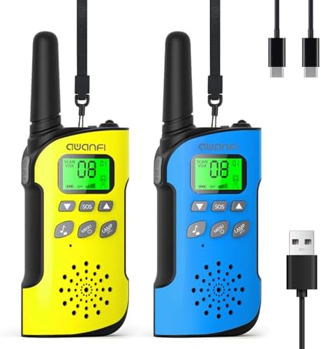Walkie Talkie Kinder 2er Set mit Aufladbar Li-ion Akku Große Reichweite 3KM | PMR446 Walky Talky 8 Kanäle mit VOX Taschenlampe USB-C, Funkgeräte Set für Camping Wandern Abenteuer,