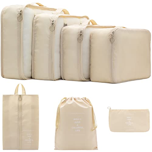 Image of 7 Set Packing Cubes Clothes Storage Bag Luggage Packing Organizers for Travel Accessories PAZIMIIK Beige