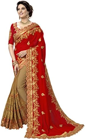TRENDMALLS Women's Silk Satin Embroidery Saree with Unstitched Blouse