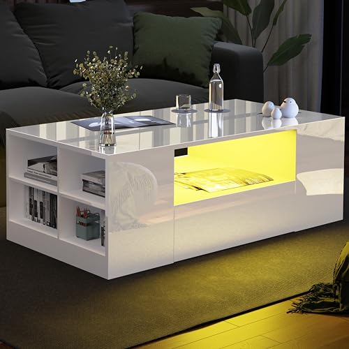 Blisswood LED Coffee Table with 2 Drawer Storage, High Gloss Wooden Centre Table for Living Room with RGB LED Lights, Rectangle Tea Table