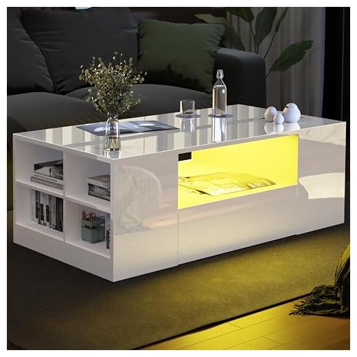 Blisswood Led Coffee Table with 2 Drawer Storage, High Gloss Coffee Table for Living Room Wooden Centre Table with RGB Led Lights Rectangle Tea Table for Living Room Furniture, White