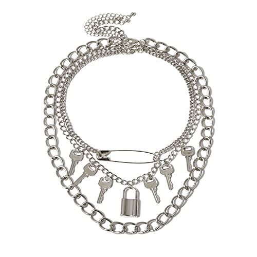 3-5Pcs Punk Layered Key Lock Chunky Chain Choker Necklace Set Gothic Stacking Safety Pin Spike Rivet Collar Necklace for Men Women Hip Hop Rock Cool Adjustable Bar Party Jewelry