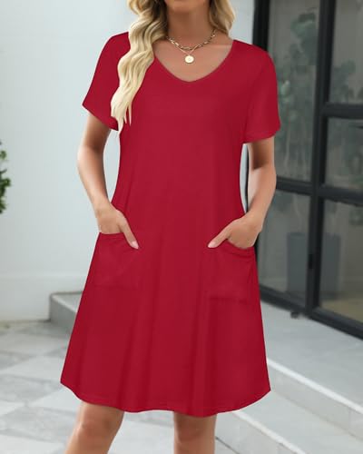 Image of CHICGAL Summer Dresses for Women V Neck Short Sleeve Casual Loose T Shirt Sundress Beach Cover Ups with Pockets 2026