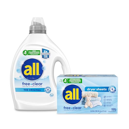 Image of Bundle of all Liquid Laundry Detergent, Free Clear for Sensitive Skin, Unscented and Hypoallergenic, 2X Concentrated, 110 Loads + all Fabric Softener Dryer Sheets for Sensitive Skin, Free Clear, 195ct