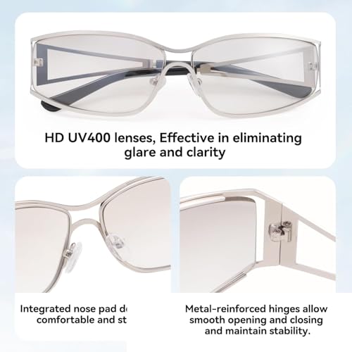 Y2K Sunglasses for Women – Retro 2000s Wrap Around Rimless Metal Frame UV400 Trendy Fashion Shades3