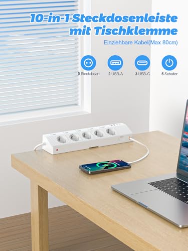 Steckdosenleiste Tischsteckdose mit 2 USB (PD 30W), 5 Fach Mehrfachsteckdose Steckerleiste Schreibtisch mit Überspannungsschutz & Einzeln Schaltbar, 10-in-1 Ecksteckdose mit 3M für Wohnzimmer, Weiß