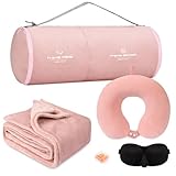 urnexttour Travel Pillow and Blanket Set- Premium Soft Airplane Blanket with Durable Travel Bag, Hand Luggage Belt Compact Pack Large Blanket for Travel (Pink)