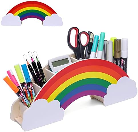 JIELUO Rainbow Pencil Holder - Wooden Pen Holder & Pencil Holders - Desk Organiser, Desk Tidy, Crayon holder - DIY Creative Decoration, Student Stationery, Makeup Storage - for Home School