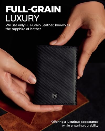 Image of Jenoss Smart Wallet For Men: Full Grain Leather, Handcrafted, Slide Metal Pop Up Case, Slim RFID Blocking Credit Card Holder, Minimalist, Compact - 9-12 Card Organizers | ID | Money Clip (Carbon)