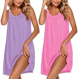 Ekouaer 2 Pack Nightgowns for Women Sleeveless Sleepwear Wide Strap Sleep Shirt Pleated Tank Sleepshirt(Light Purple&Rose,XL)