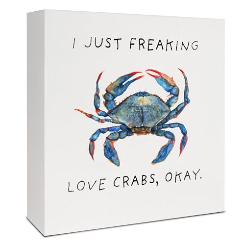 VIIJJUE Blue Crab Wooden Box Sign Beach Room Decor, Crab Lover Gifts, I Just Freaking Love Crabs Okay Wood Signs for Coastal Home Office Desk Table Shelf Decor, 5x5 Inch
