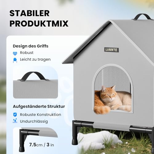 Outdoor Katzenhaus mit Erhöhten Design, Wasserdicht Katzenhaus für Draußen, Warm Hundehöhle mit Türvorhang, Waschbar Hundehaus Tierheim Für Streuner Haustiere (XL, Grau)