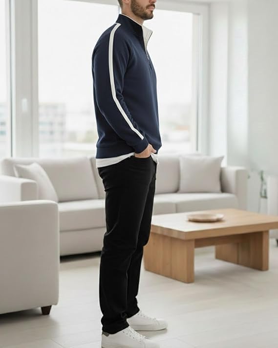 Image of Men's Quarter Zip Pullover Sweater with Contrast Stripe, Long Sleeve Athletic Casual Sweatshirt for Winter Wear, Black