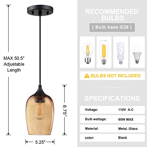 Seenming House 3 Pack 1 Light Hanging Indoor Kitchen Island Pendant Lights,5.1" Hand Blown Black Seeded Brownish Gold Glass Ceiling Light Fixtures Black Finish Modern Farmhouse Dinning Over Sink #TOP3