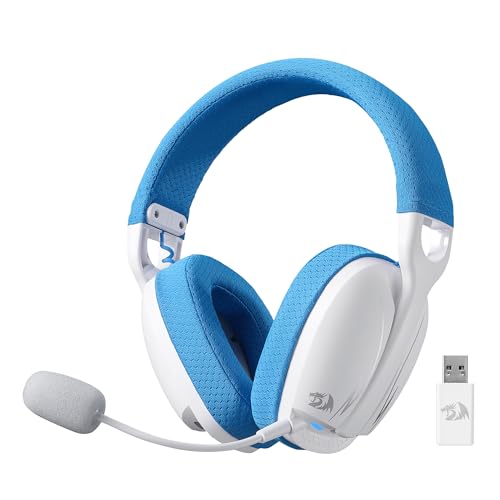 Redragon H878 3-Mode Wireless Blue Lighting Gaming Headset - Lightweight - 7.1 Surround Sound - 40MM Drivers - Detachable Microphone - Multi Platforms for PC, PS5/4/3, Switch, Mobile, White&Blue
