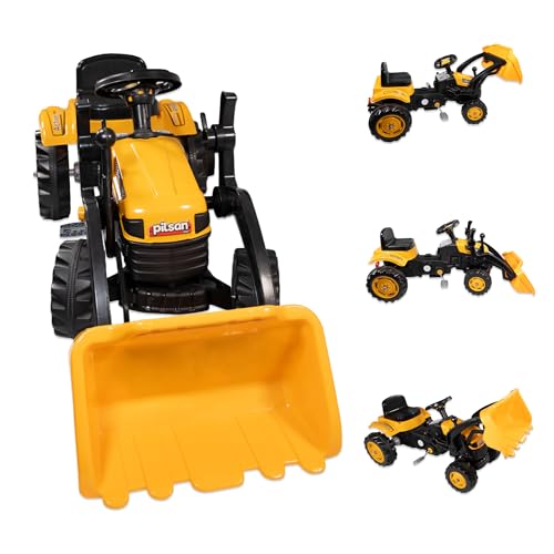 LEMODO Trettraktor ab 3 Jahre | Kinder Traktor in gelb| Traktor zum draufsitzen | Kindertraktor mit Schaufel | Trampeltrecker mit Hupe | Trettrecker für drinnen und draußen