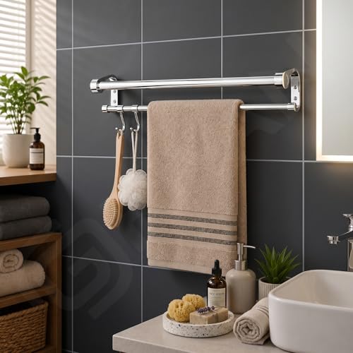Image of GRIVAN Stainless Steel Wall Mounted 2-Tier Dual Towel Rod with Hooks | Modern Towel Holder in Bathroom for Clothes - Towel Stand (Silver Chrome, 24 inch)