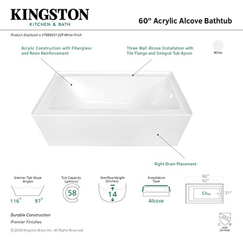 image for KINGSTON BRASS VTDE603122R 60-Inch Contemporary Alcove Acrylic Bathtub