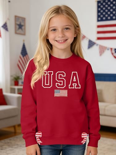 Image of Ithalt Kids USA Sweatshirt Boys Girls 4th of July Shirt American Patriotic Pullover with Embroidered Side Slits 5-14y