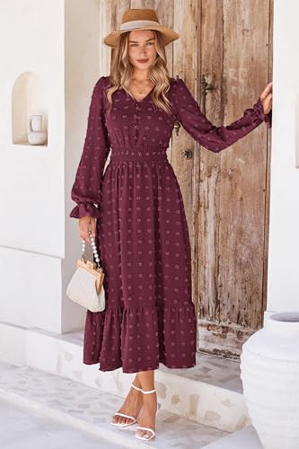 MASCOMODA Women Maxi Dress 2025 Fall Long Sleeve V Neck Swiss Dot Boho Smocked High Waisted A-Line Tiered Flowy Long Dresses2