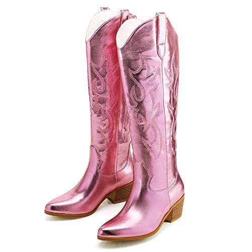 Stalov Metallic Cowboy Boots For Women, Western Embroidery Cowgirl Boots, Pointed Toe Pull-On Knee High Boots #TOP2