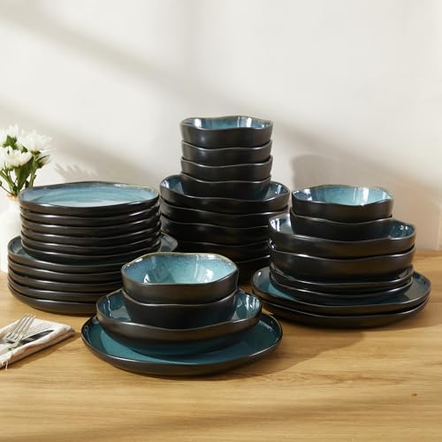 Image of Pokini 32 Piece Dinnerware Set for 8 with Pasta Bowls, Green Black Reactive Glaze Stoneware | All‑in‑One Host Set for Entertaining, Holiday Meals, Multi‑Course Dinners | Unique Irregular Coastal Look
