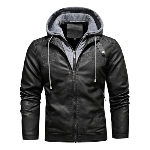 Veste en cuir à capuche amovible homme XL manteau motard noir slim