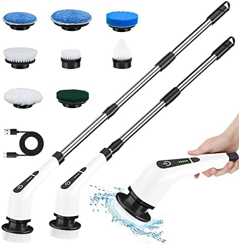 Electric Spin Scrubber, TOPMAKO Cordless Cleaning Brush with 54" Adjustable Long Handle and 8 Replaceable Brush Heads, 2 Rotating Speed Shower Scrubber for Bathroom Tub, Floor, Tile, Kitchen, Car Wash