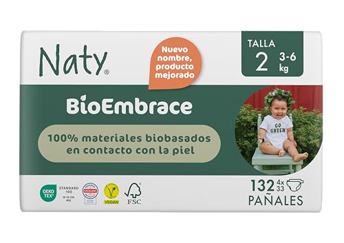 Naty BioEmbrace Pañales para Recién Nacidos Talla 2 (3–6 kg) | 100% Biobasados en contacto con la piel | Suavidad de origen vegetal, Dermatológicamente testado, Súper Absorbente | 132 Unidades