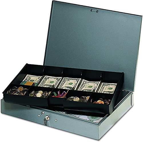 MMF Industries STEELMASTER Steel Low Profile Cash Box | 10-Compartment Cash Tray | Security Lock | Scratch & Chip-Resistant Finish | Money Box for Cash & Coins