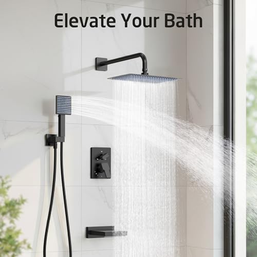 KES Black Bathtub Shower Faucet Set with 12\" Rectangle Rain Shower Head, Shower System with 3-Modes Handheld Spray and Waterfall Tub Spout, cUPC Anti-Scald Valve included, XB6336S12-BK - Thumbnail 2