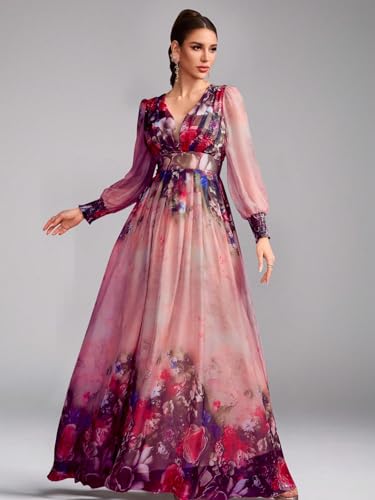 Image of TOLEEN Summer Casual Dresses for Women 2024 Spring Fashion Boho V Neck Long Sleeve Ruffle Floral Print Elegant Maxi Dress