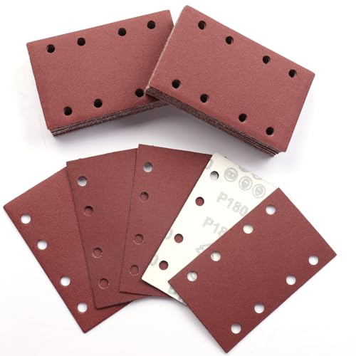 Image of Sruhrak 80x133mm Sandpaper, 50 Pieces Sanding Sheets Hook and Loop Sanding Pads 180 Grits Rectangular Sander Paper Set for Bosch Electric Sander Polishing, Rust Removal