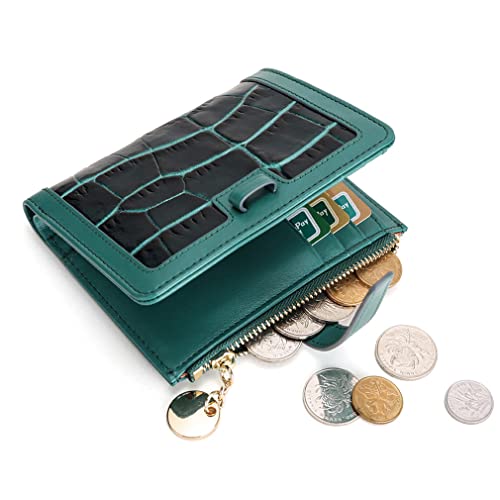 Genuine Leather Women Lady Bifold Fashion Card Case Handy Wallet Zipper Coin Case Pocket Purse Crocodile Embossed (A Green)4