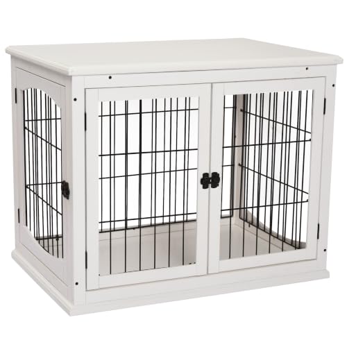 PawHut Hundekäfig Möbel mit 2 Eingängen Moderne MDF Hundebox für Zuhause Indoor Hundehütte für mittelgroße und kleine Hunde bis zu 20 kg Hundehaus 58,5x81x66 cm Weiß