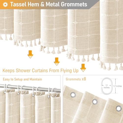 Image of BTTN Boho Shower Stall Curtain - 48x72 Narrow Linen Ultra Thick Tassel Fabric Shower Curtain Set with 8 Plastic Hooks, Half Camper RV Modern Farmhouse Country Shower Curtains for Bathroom, Cream /Beige