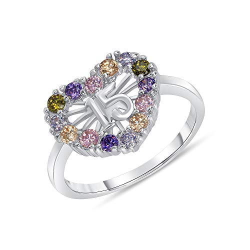 925 Sterling Silver Sweet 15 Multi-Color Cz Quinceanera Heart Ring Rhodium Plated