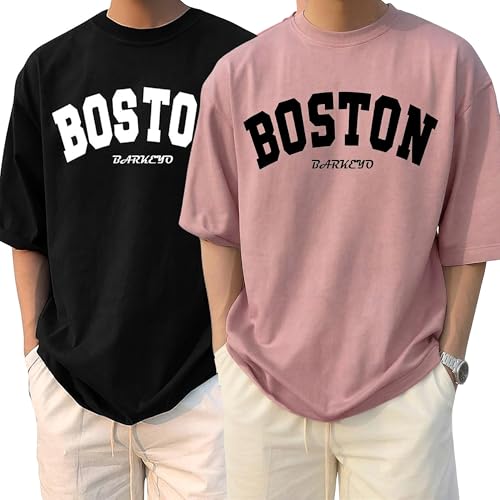 Image of BARKEYO Men's Half Sleeve Round Neck French Terry Graphic Print Oversized Tshirt for Man (Boston-ft) Pack of 2 (in, Alpha, XL, Regular, Red)