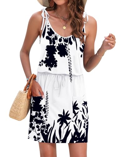 Image of AUSELILY Womens Summer Dresses Sleeveless Spaghetti Strap Beach Cover up Drawstring Waist Mini Short Dress with Pockets