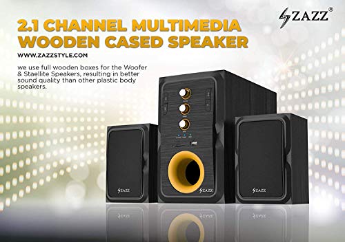 Image of ZAZZ MS2134 2.1 Channel Wireless Bluetooth Multimedia Speaker | Full Wooden Enclosure | Black-Yellow Design | AUX, USB, TF Card & Bluetooth Connectivity | Immersive Sound with LED Light Indicator