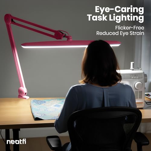 Image of Neatfi XL 2,200 Lumens 24W LED Desk Lamp - 23 inch Wide Shade | Dimmable Eye-Caring Task Light | Adjustable Arm | Home Office, Study, Crafts & Nail Tech (Pink, Non-CCT with Clamp)