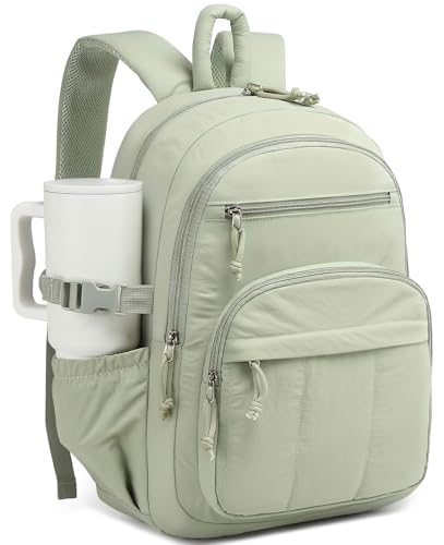 Image of Backpack for Women, Quilted Laptop Bookbag with Pouch Pockets for College Work Travel Gym Teacher Nurses, Puffer High School Backpack for Girls, Light Green