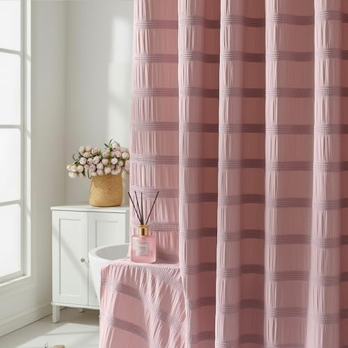 Lameirose Extra Long Pink Shower Curtain Farmhouse,72 x 84 Cotton Blend Waffle Tufted Striped Chic Textured Fabric Shower Curtain for Bathroom, Hotel, Washable by Lameirose - Used condition - US$25.31