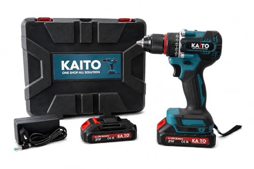 Image of KAITO 10mm Cordless Drill Machine Kit | 21V Li-ion, 2 Batteries + Charger | 2000 RPM, 3-in-1 Drill /Driver /Hammer | Metal Chuck, High Torque | Wood, Metal & Wall Drilling Tool Set