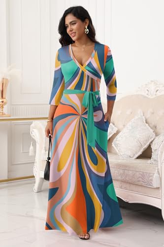 Image of FANDEE Plus Size Maxi Dress for Women Casual Summer Sundress V-Neck 3 /4 Sleeve