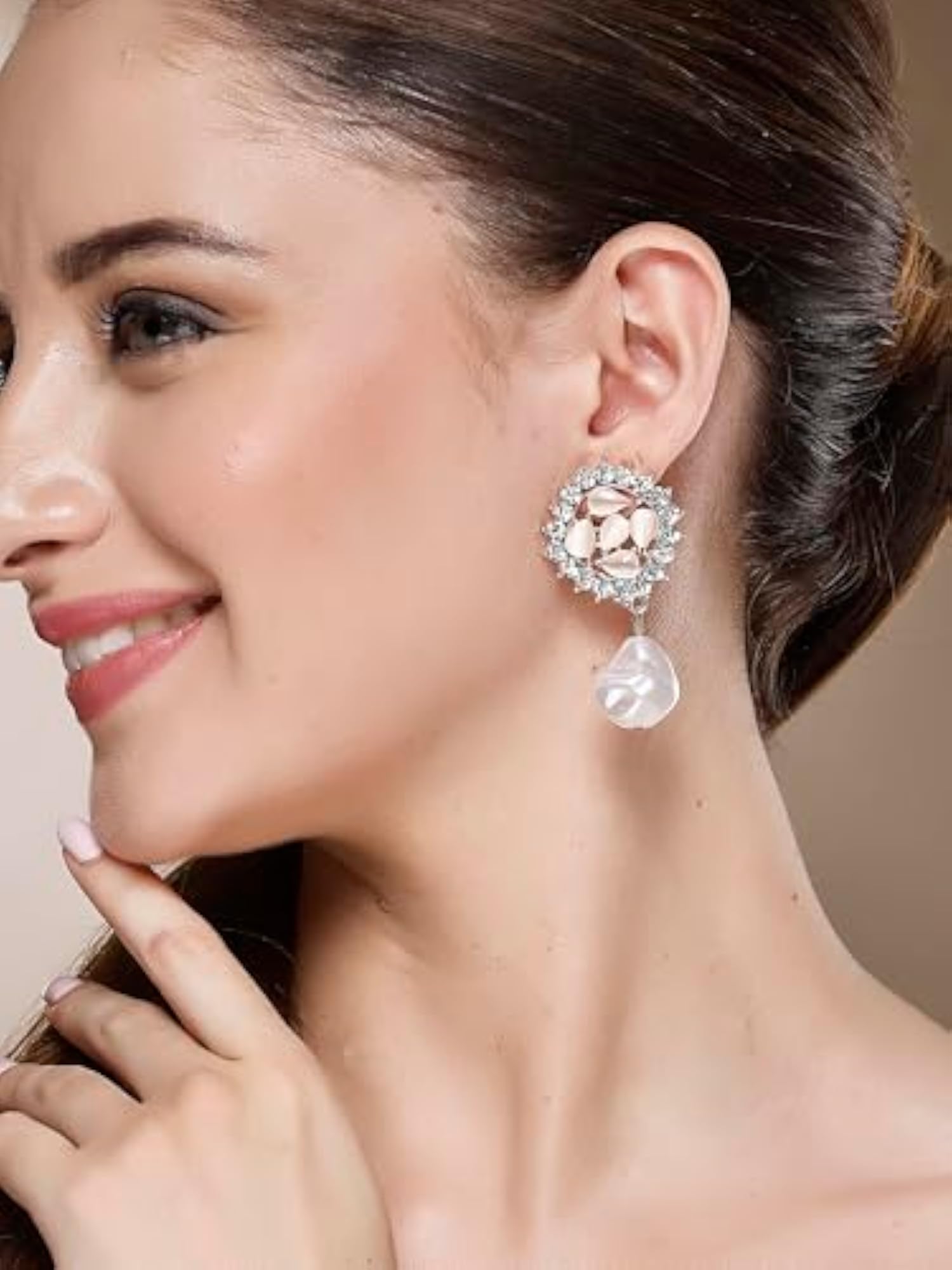 Gold-Plated Pearl & American Diamond Studded Drop Earrings