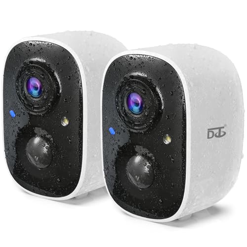 DCT 2 cámaras de seguridad inalámbricas para exteriores, cámaras de vigilancia WiFi alimentadas por pilas para seguridad del hogar en exteriores, visión nocturna a color 1080P, detección de